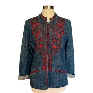 Chico’s Women’s Jacket Beaded Details Size 1 Blue in Color
